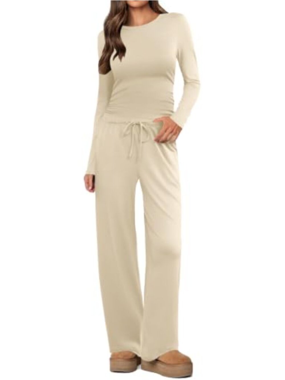 Women's 2 Piece Lounge Set Long Sleeve Wide Leg Pants Ruched Side Matching